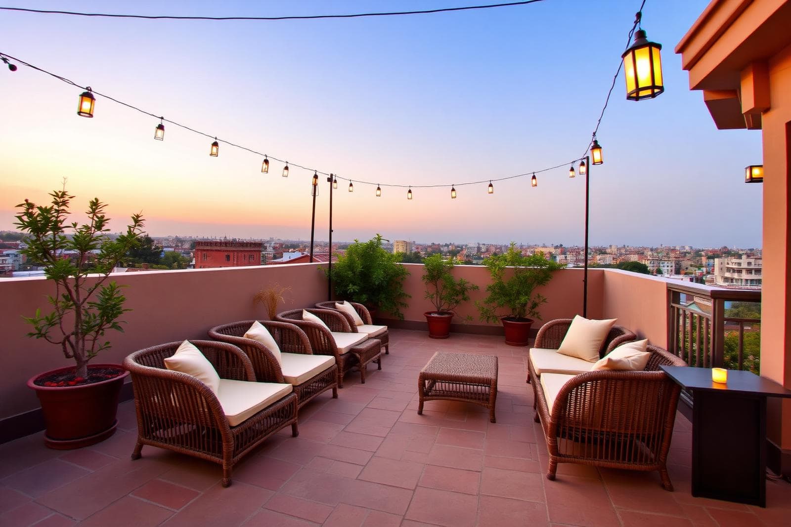 Hotel terrace with cane seating and lanterns overlooking Udaipur